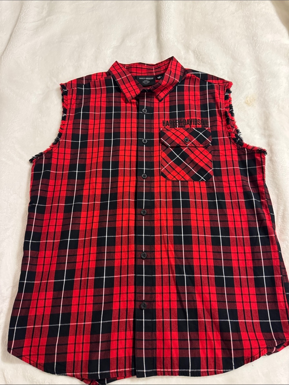 Men’s Harley-Davidson Blowout Red and Black Plaid Sleeveless Shirt, Sz L
